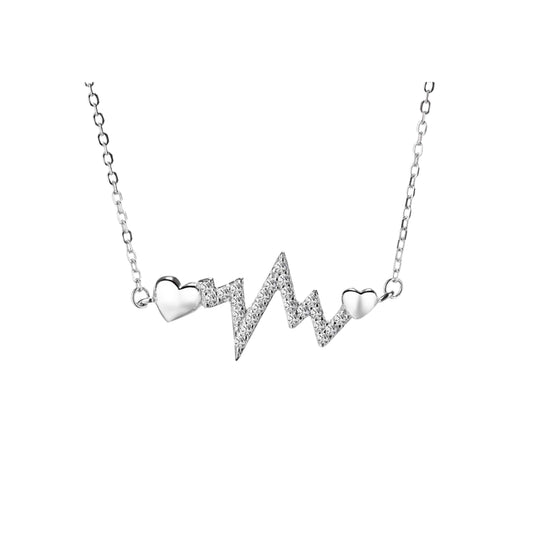 925 Sterling Silver Heartbeat Necklace with Hearts | Rhodium Plated CZ Pendant