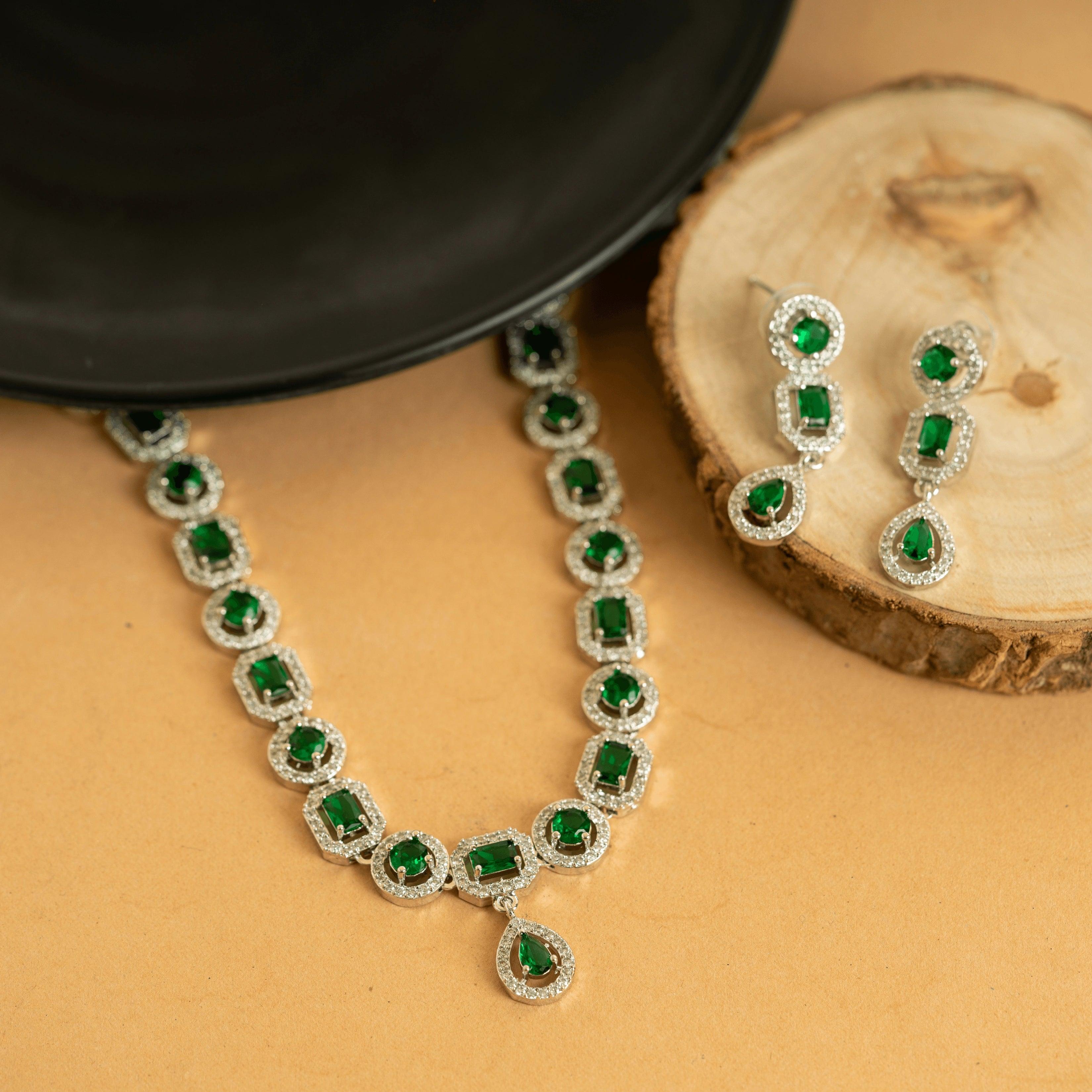 Green America Diamond Victorian Necklace Set With Earrings - Rukhmani