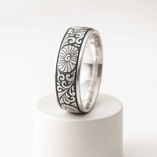 925 Sterling Silver Men’s Ring | Rhodium Plated Floral Engraved Band