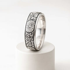 925 Sterling Silver Men’s Ring | Rhodium Plated Floral Engraved Band