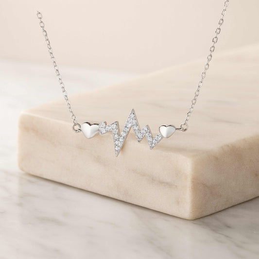 925 Sterling Silver Heartbeat Necklace with Hearts | Rhodium Plated CZ Pendant