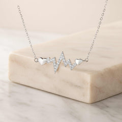 925 Sterling Silver Heartbeat Necklace with Hearts | Rhodium Plated CZ Pendant