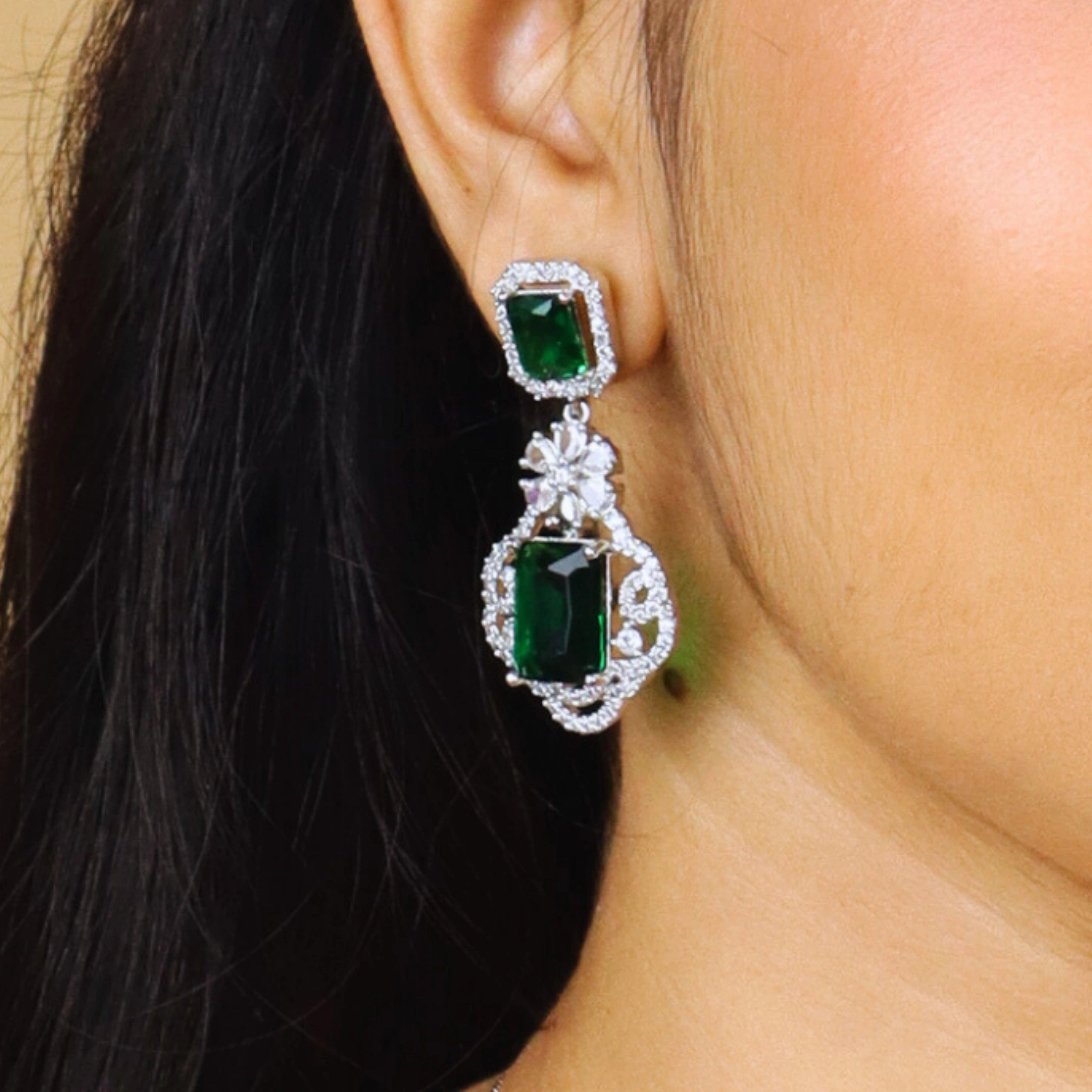 Classic Emeraled American Diamond Necklace Set With Earrings - Rukhmani
