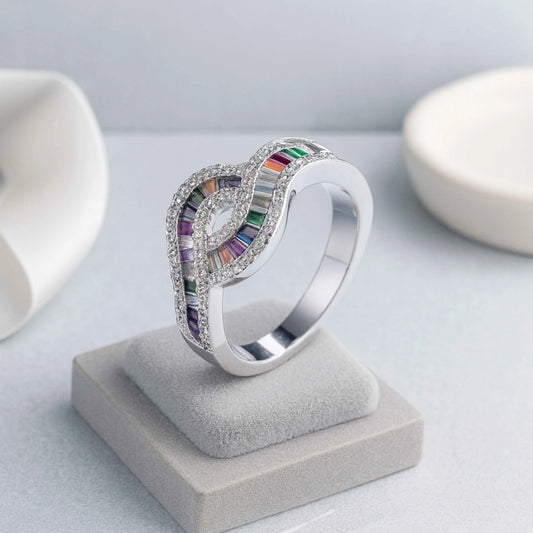925 Sterling Silver Rainbow Infinity CZ Ring – Double Loop Design
