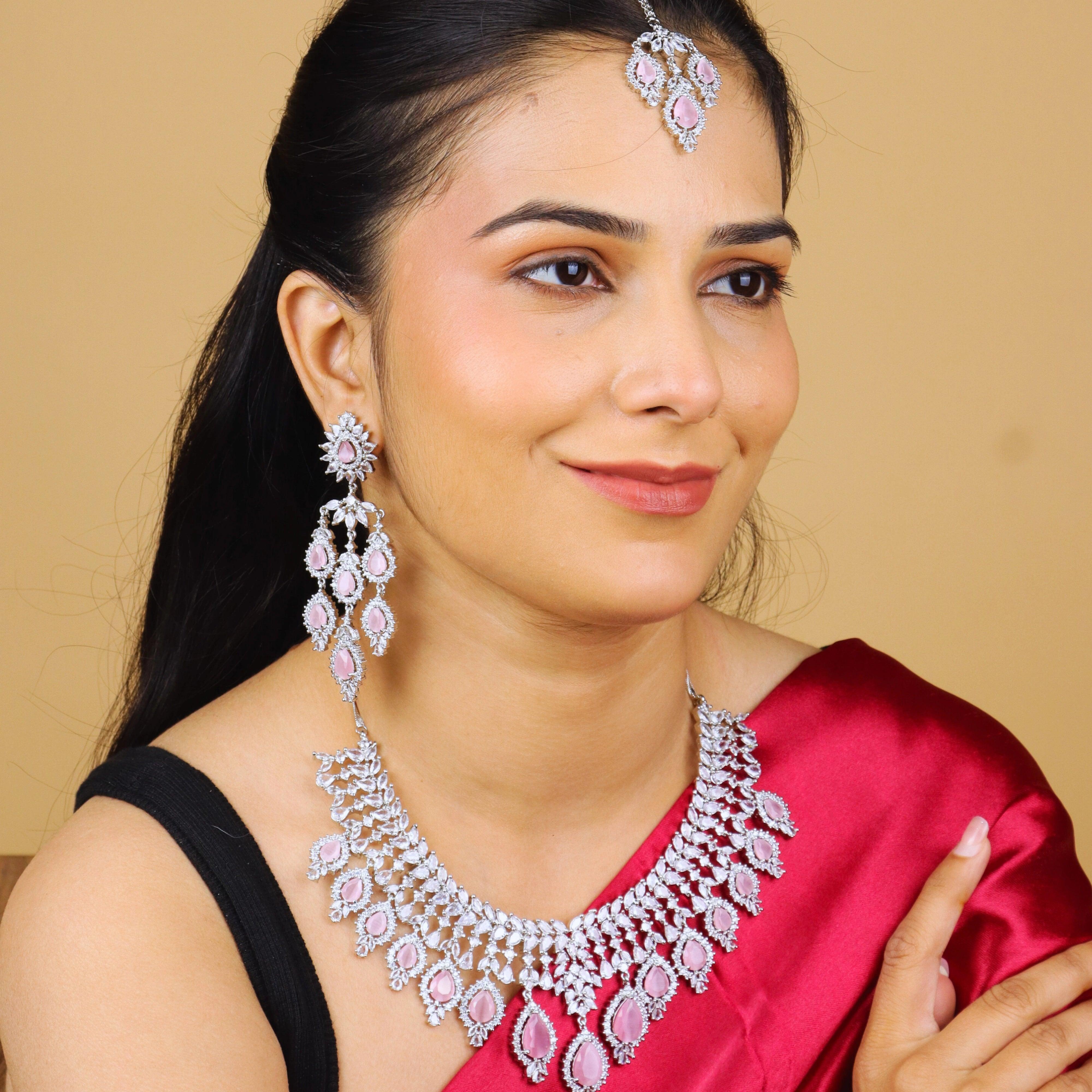Pastel Pink American Diamond Necklace With Earrings And Bindi - Rukhmani