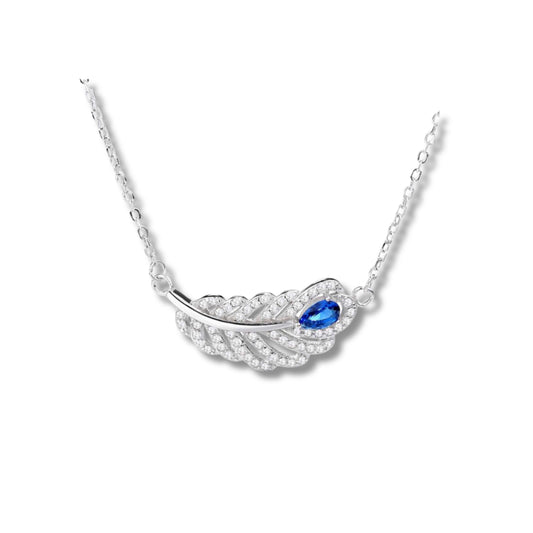 925 Sterling Silver Feather Necklace with Blue Cubic Zirconia | Rhodium Plated Pendant