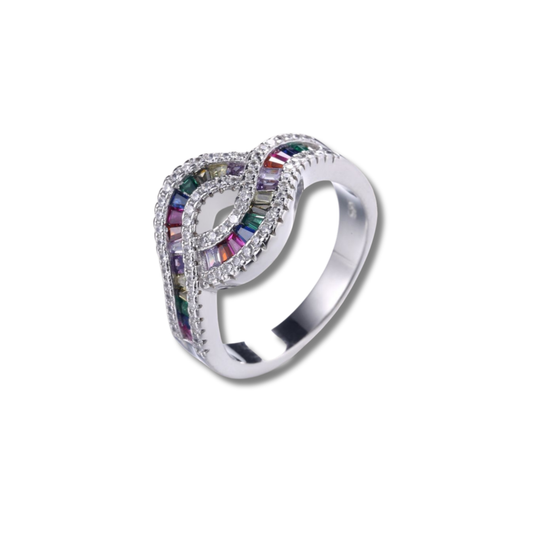 925 Sterling Silver Rainbow Infinity CZ Ring – Double Loop Design