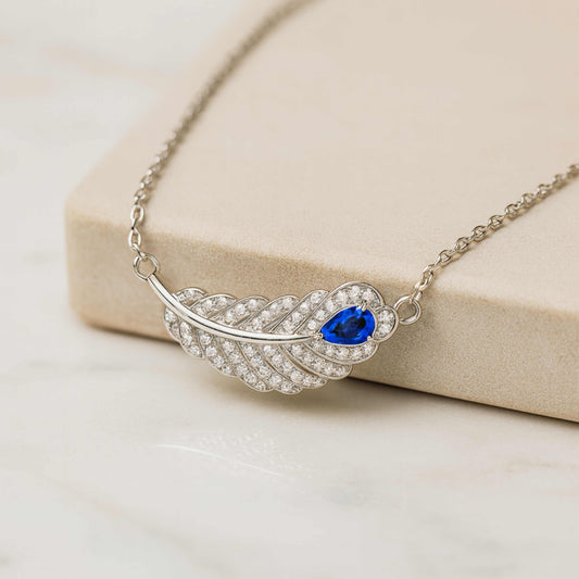 925 Sterling Silver Feather Necklace with Blue Cubic Zirconia | Rhodium Plated Pendant
