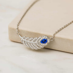 925 Sterling Silver Feather Necklace with Blue Cubic Zirconia | Rhodium Plated Pendant