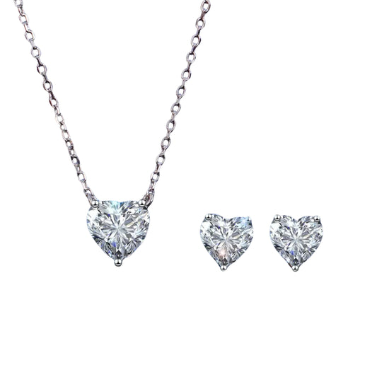 Minimalist 925 Sterling Silver Shiny Heart Cut Cubic Zircon Necklace and Earring Jewelry Set