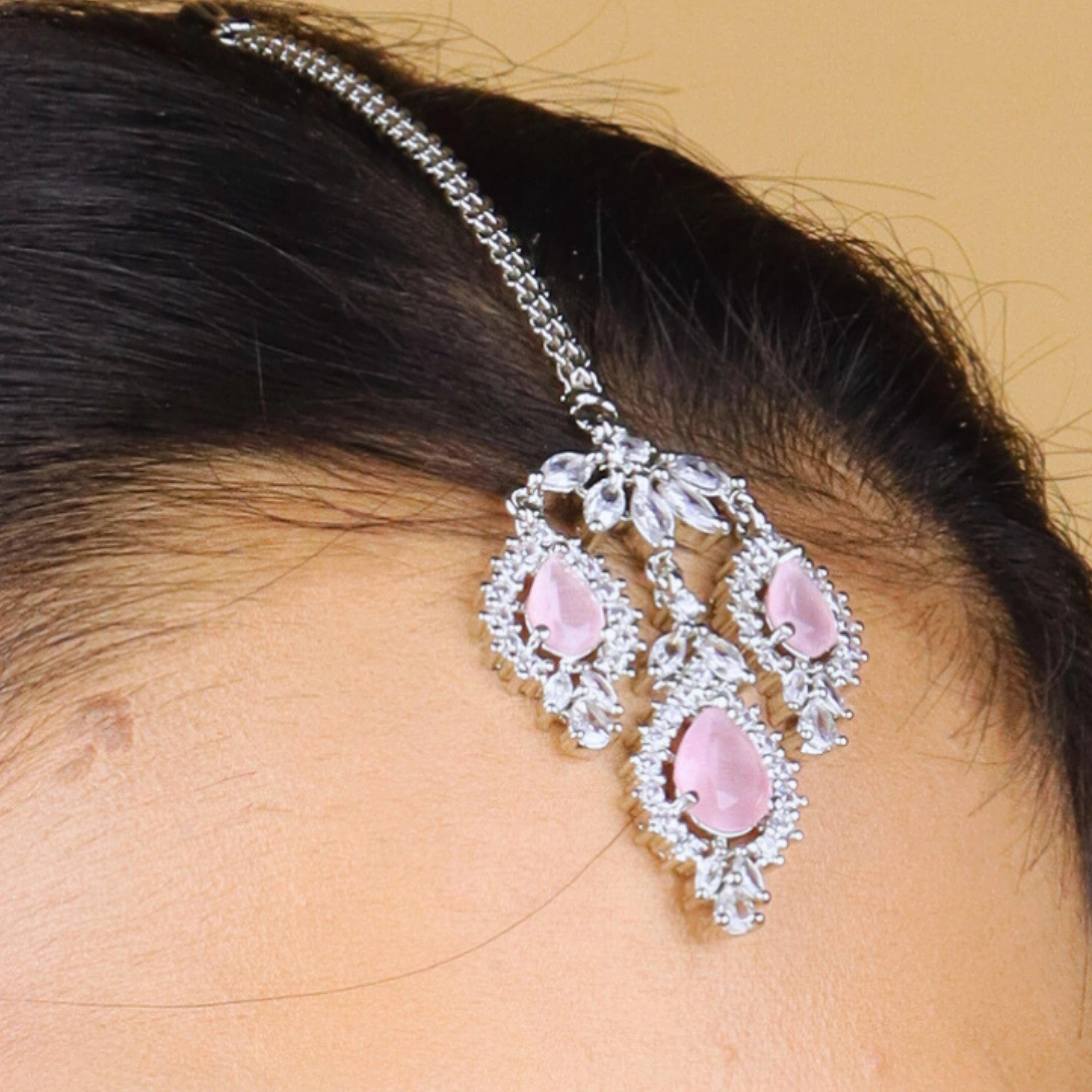 Pastel Pink American Diamond Necklace With Earrings And Bindi - Rukhmani