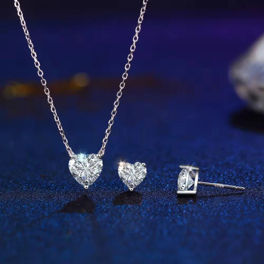 Minimalist 925 Sterling Silver Shiny Heart Cut Cubic Zircon Necklace and Earring Jewelry Set