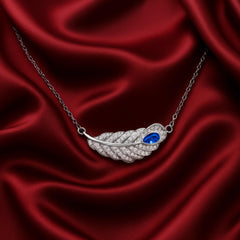 925 Sterling Silver Feather Necklace with Blue Cubic Zirconia | Rhodium Plated Pendant