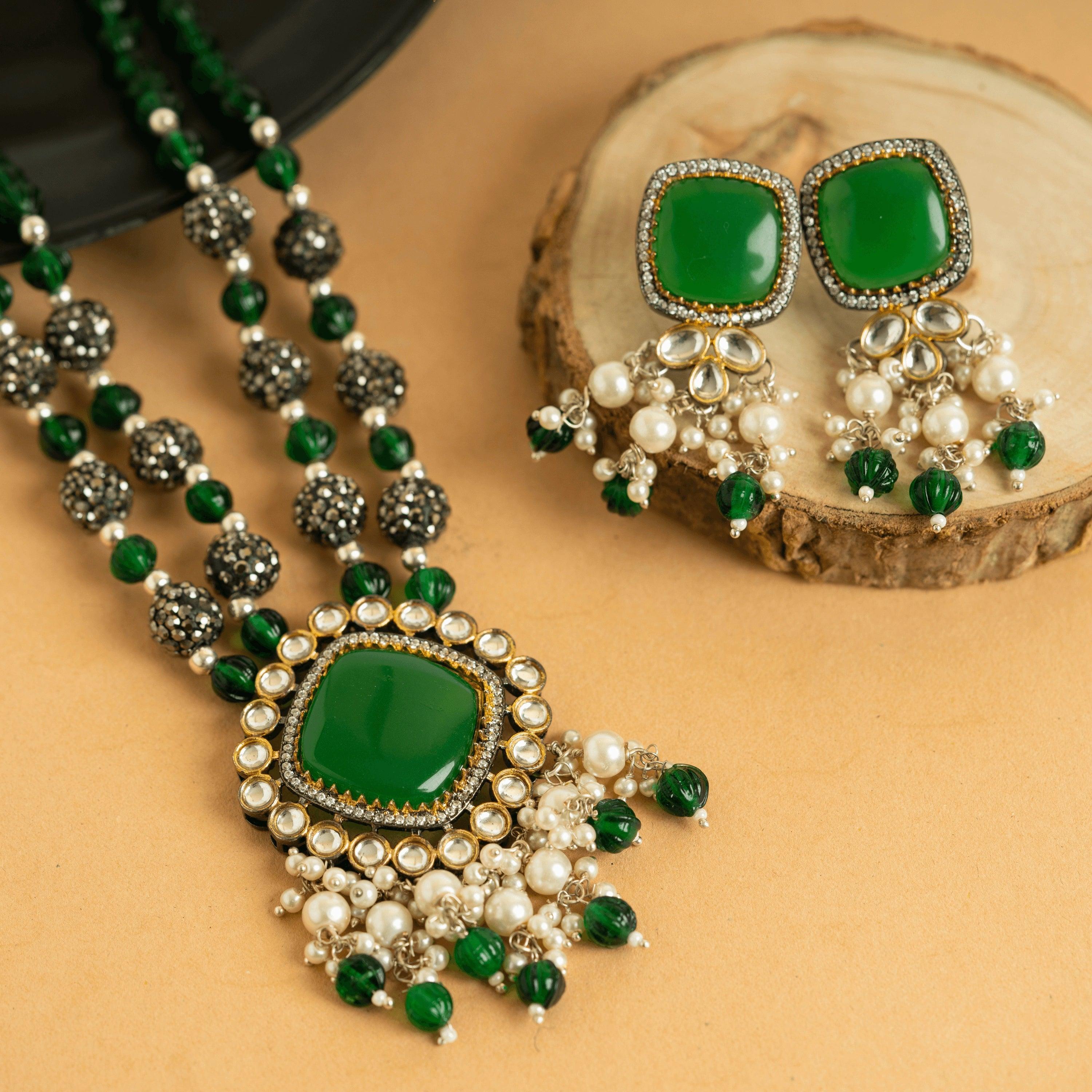 Rajwadi Majestic Green Kundan Necklace with Earrings - Rukhmani