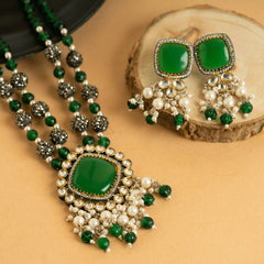 Rajwadi Majestic Green Kundan Necklace with Earrings - Rukhmani