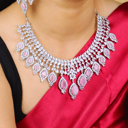 Pastel Pink American Diamond Necklace With Earrings And Bindi - Rukhmani