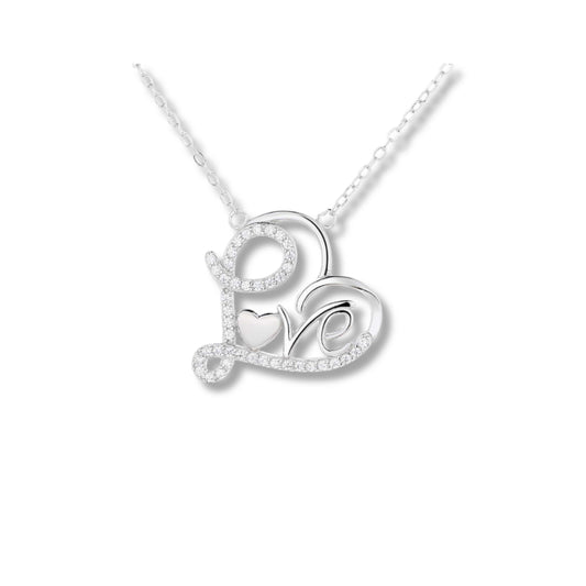 925 Sterling Silver Love Heart Necklace | Rhodium Plated Pendant with Cubic Zirconia