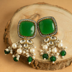Rajwadi Majestic Green Kundan Necklace with Earrings - Rukhmani
