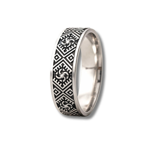 925 Sterling Silver Men’s Ring | Rhodium Plated Geometric Tribal Band
