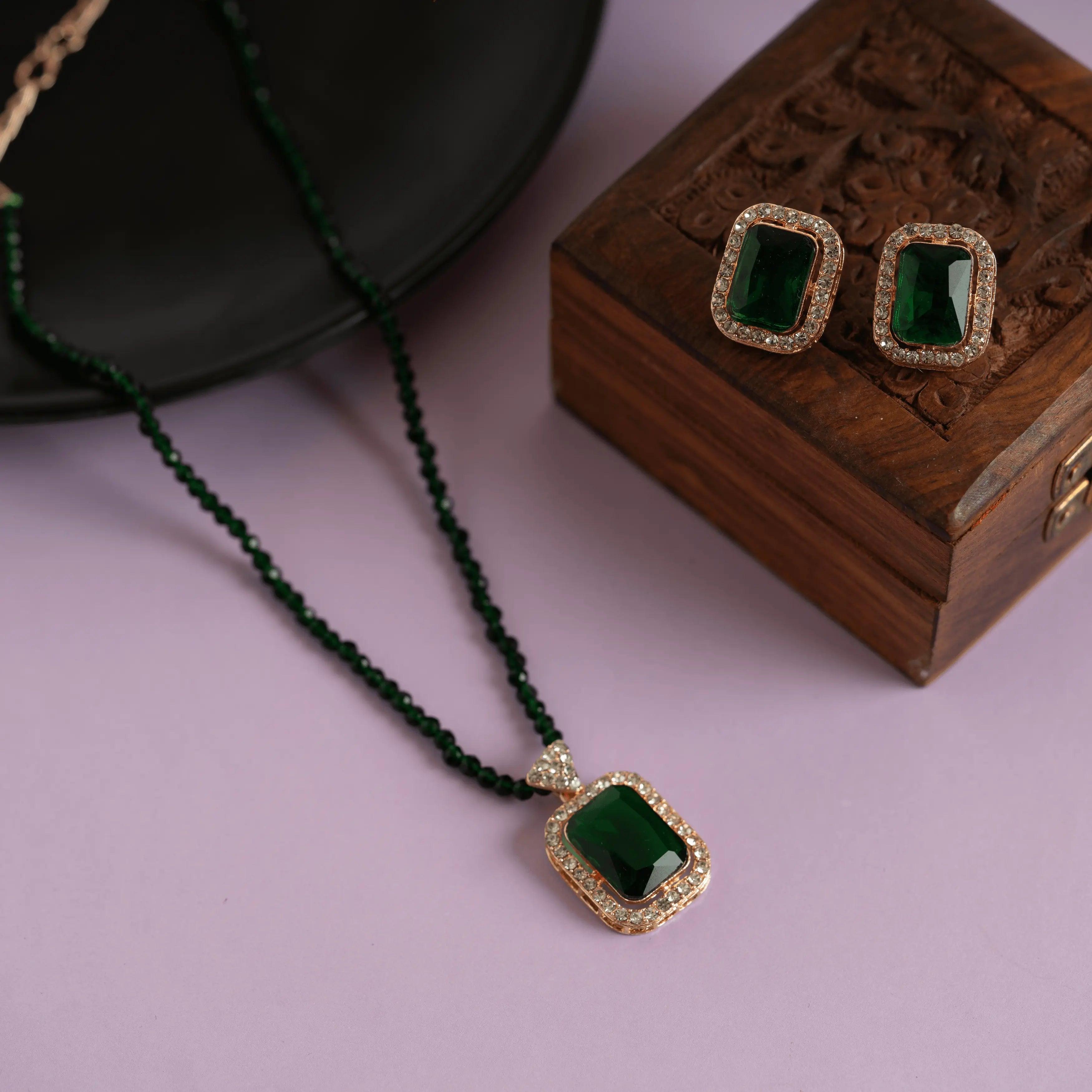 Green Diamond Pendant and Necklace Set with Earrings - Rukhmani
