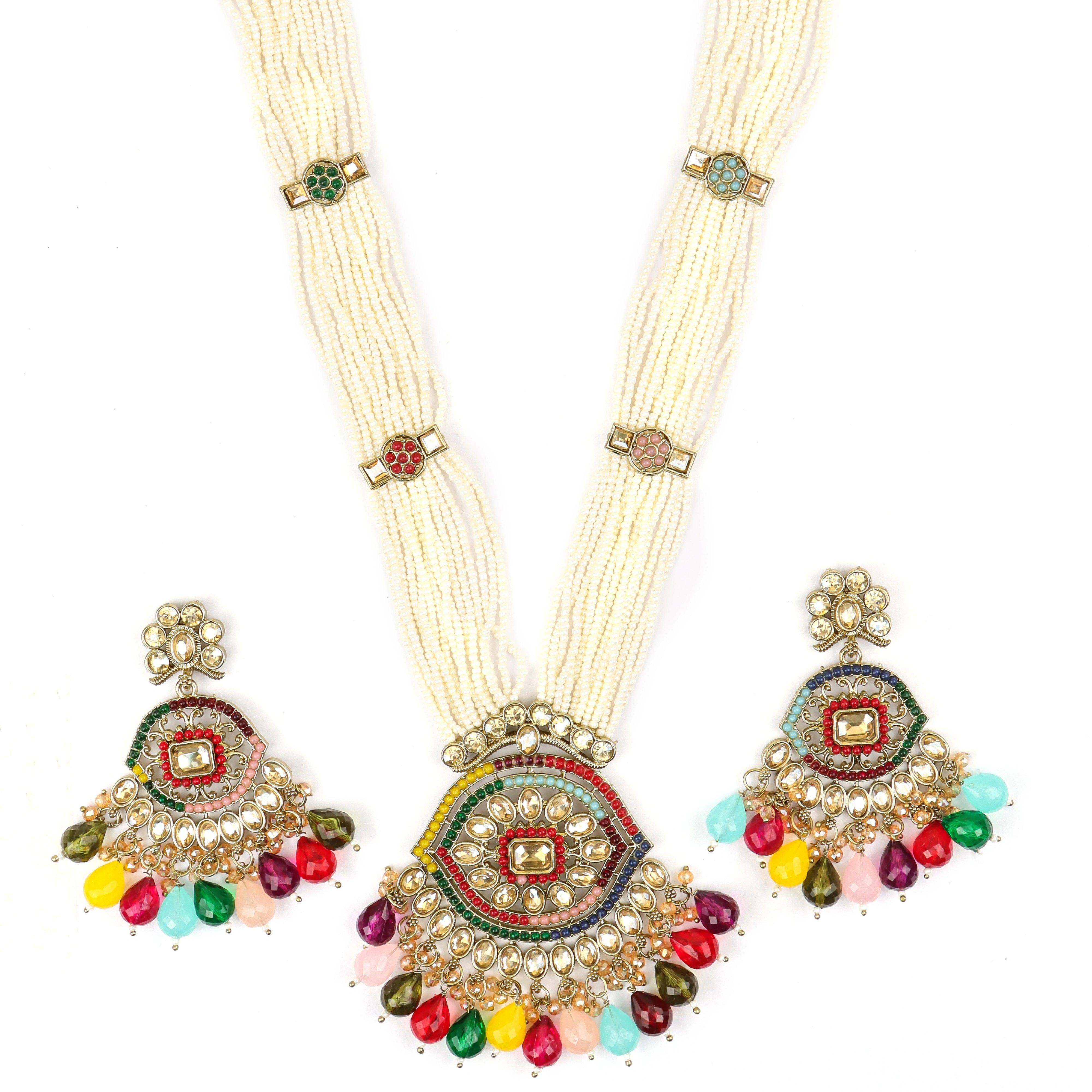 Rangamahal Moti Rajwadi Long Necklace With Earrings - Rukhmani