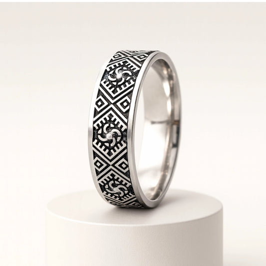 925 Sterling Silver Men’s Ring | Rhodium Plated Geometric Tribal Band
