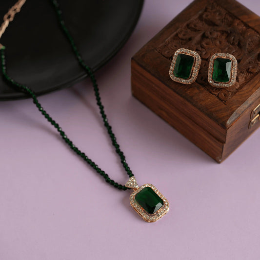 Green Diamond Pendant and Necklace Set with Earrings - Rukhmani