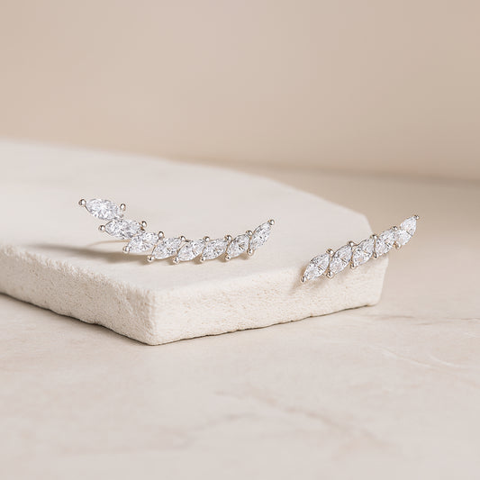 925 Sterling Silver Rhodium Plated Leaf Design Ear Cuffs with Cubic Zirconia