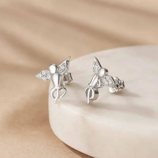 925 Sterling Silver Angel Stud Earrings|Rhodium Plated with Cubic Zirconia Wings