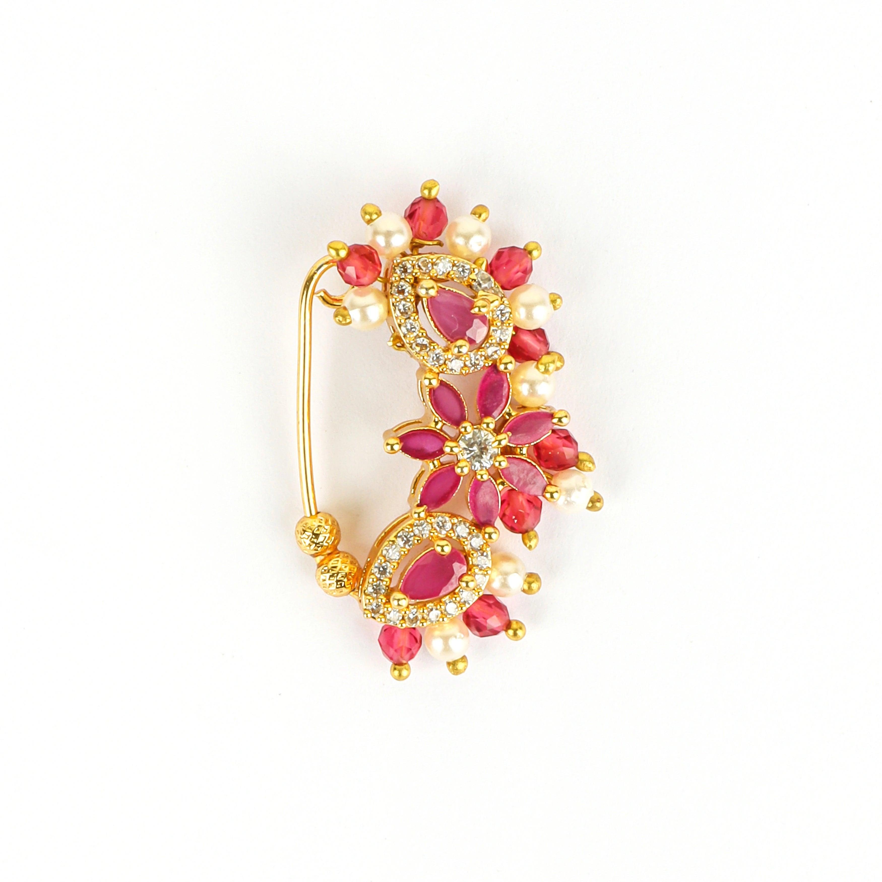 Majestic Red Stone Beautiful Design Gold Plated Maharashtrian Nath - Rukhmani