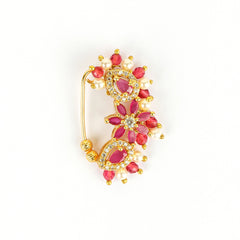 Majestic Red Stone Beautiful Design Gold Plated Maharashtrian Nath - Rukhmani