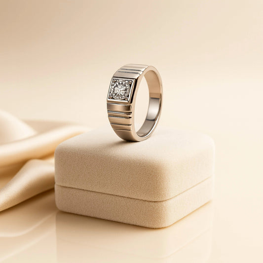925 Sterling Silver Men’s Ring | Rhodium Plated Band with Cubic Zirconia Solitaire