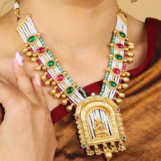 White Bids Gold Plated Necklace With Laxmimata Design - Rukhmani