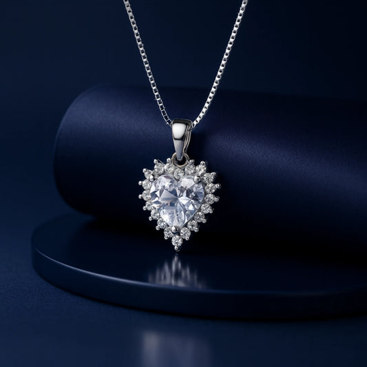 Heart-Cut CZ Halo Pendant in 925 Sterling Silver