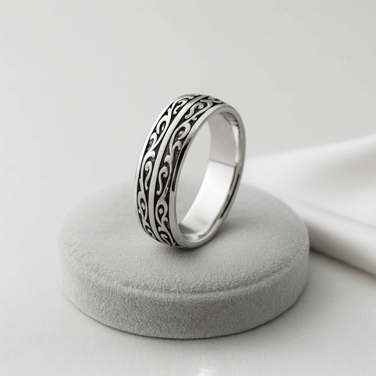 925 Sterling Silver Rhodium Plated Tribal Design Band Ring for Men