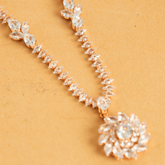Traditional Rose Gold Plated American Diamond Necklace Set With Earrings