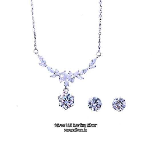 925 Sterling Silver Leaf Design Zircon Necklace & Earrings Set