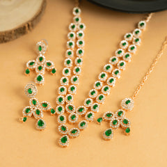 American Green Diamond Fancy Designer Beautiful Necklace Set with Earrings and Bindi - Rukhmani