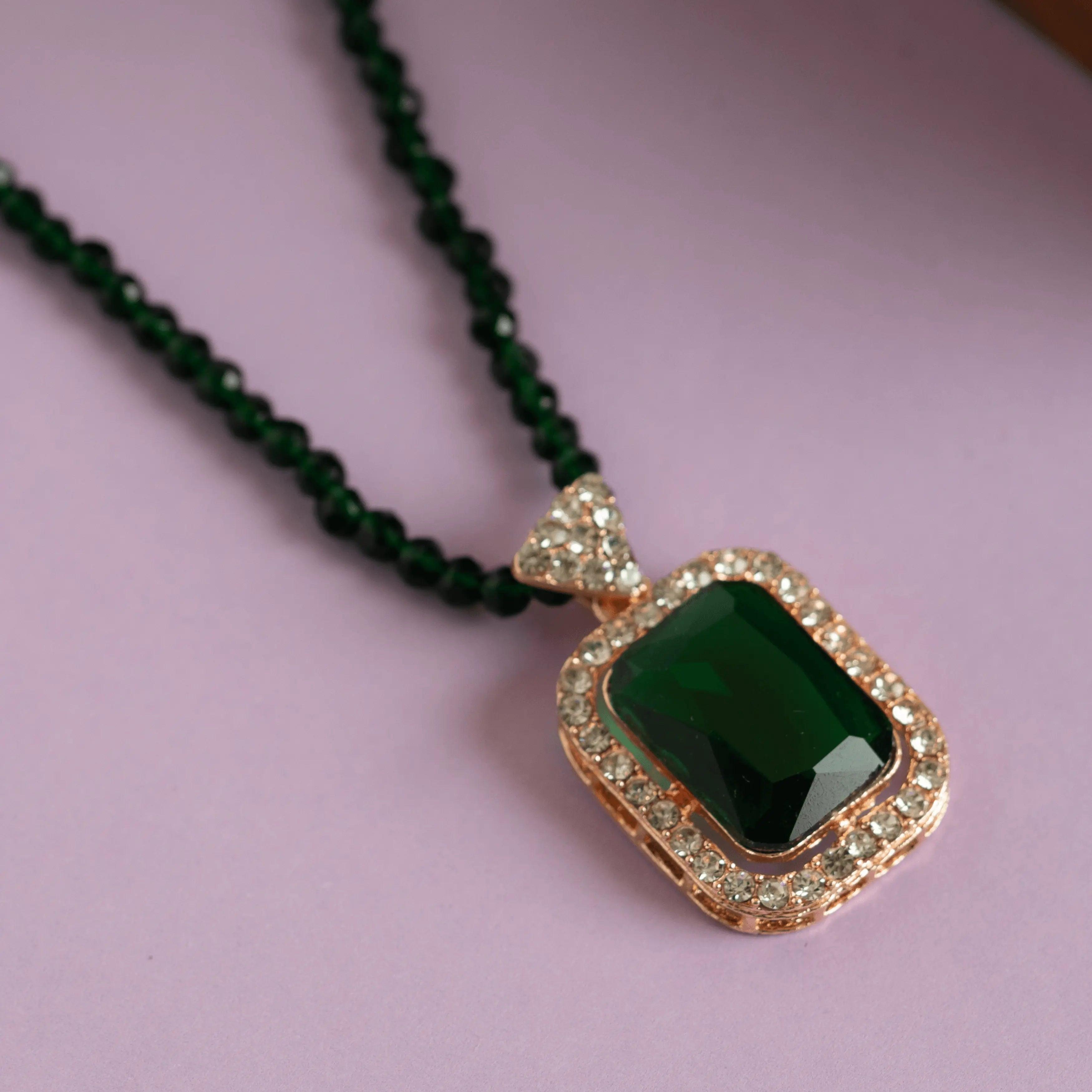 Green Diamond Pendant and Necklace Set with Earrings - Rukhmani