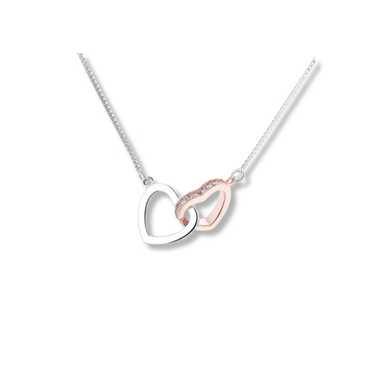 925 Sterling Silver Interlocking Hearts Necklace | Rose Gold & Rhodium Plated with Cubic Zirconia