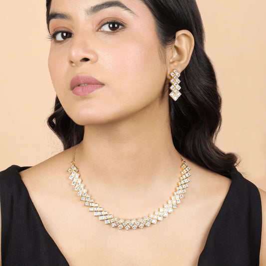 Modern Flow Diamond Gold Plated Necklace with Earrings - Rukhmani