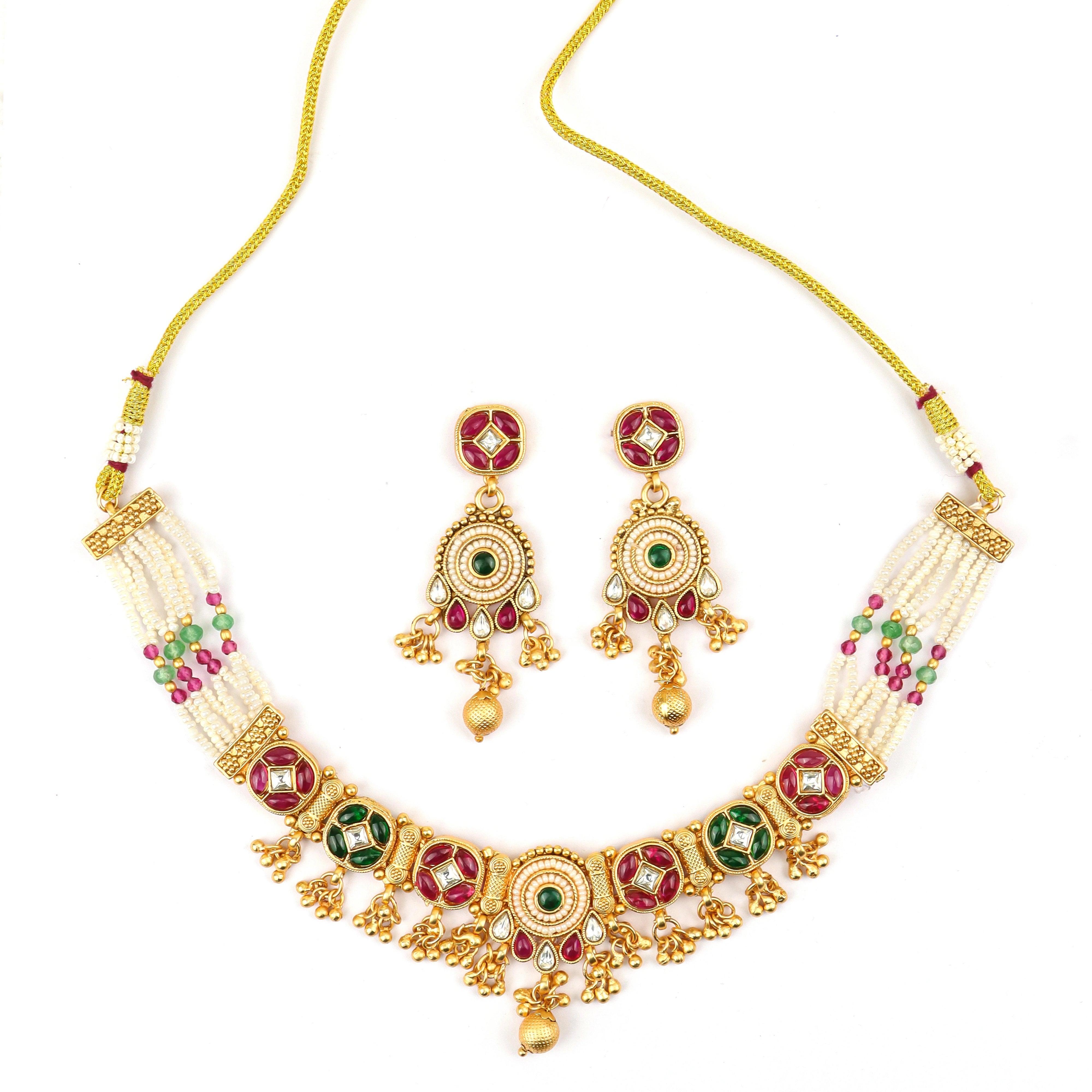 Rajwadi Moti Necklace With Bids and Earrings - Rukhmani