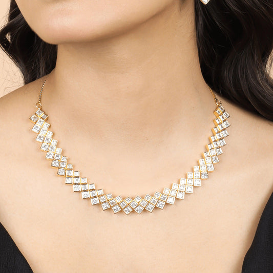 Modern Flow Diamond Gold Plated Necklace with Earrings - Rukhmani