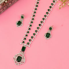 Classic Emeraled American Diamond Necklace Set With Earrings - Rukhmani