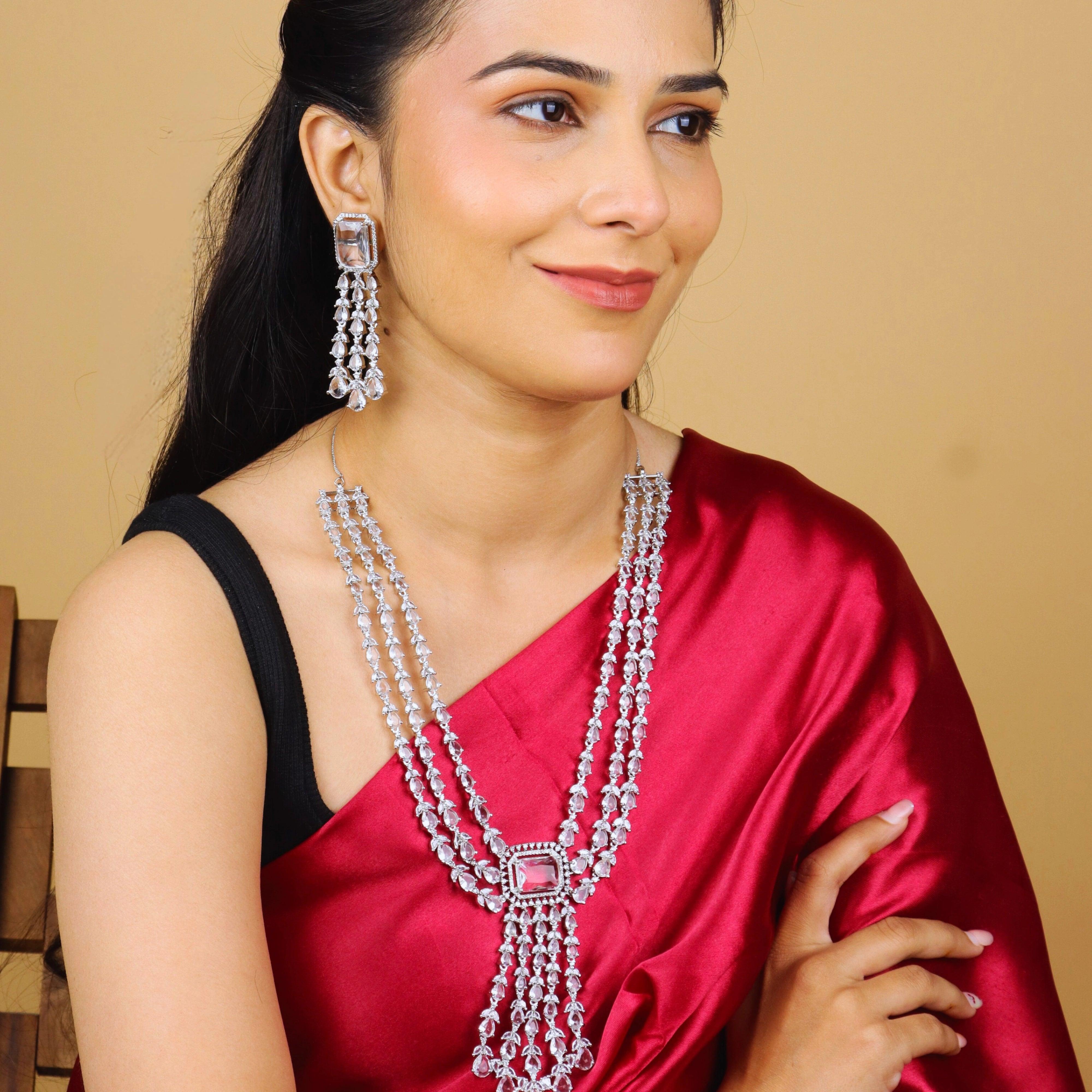 Dazzle Drape American Diamond Layered Necklace With Earrings and Bindi - Rukhmani