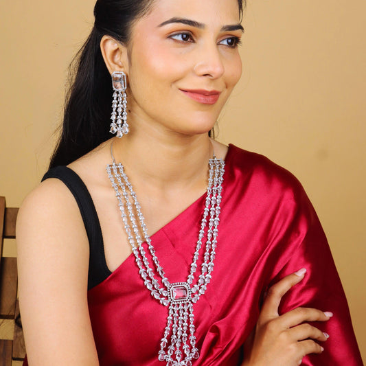 Dazzle Drape American Diamond Layered Necklace With Earrings and Bindi - Rukhmani