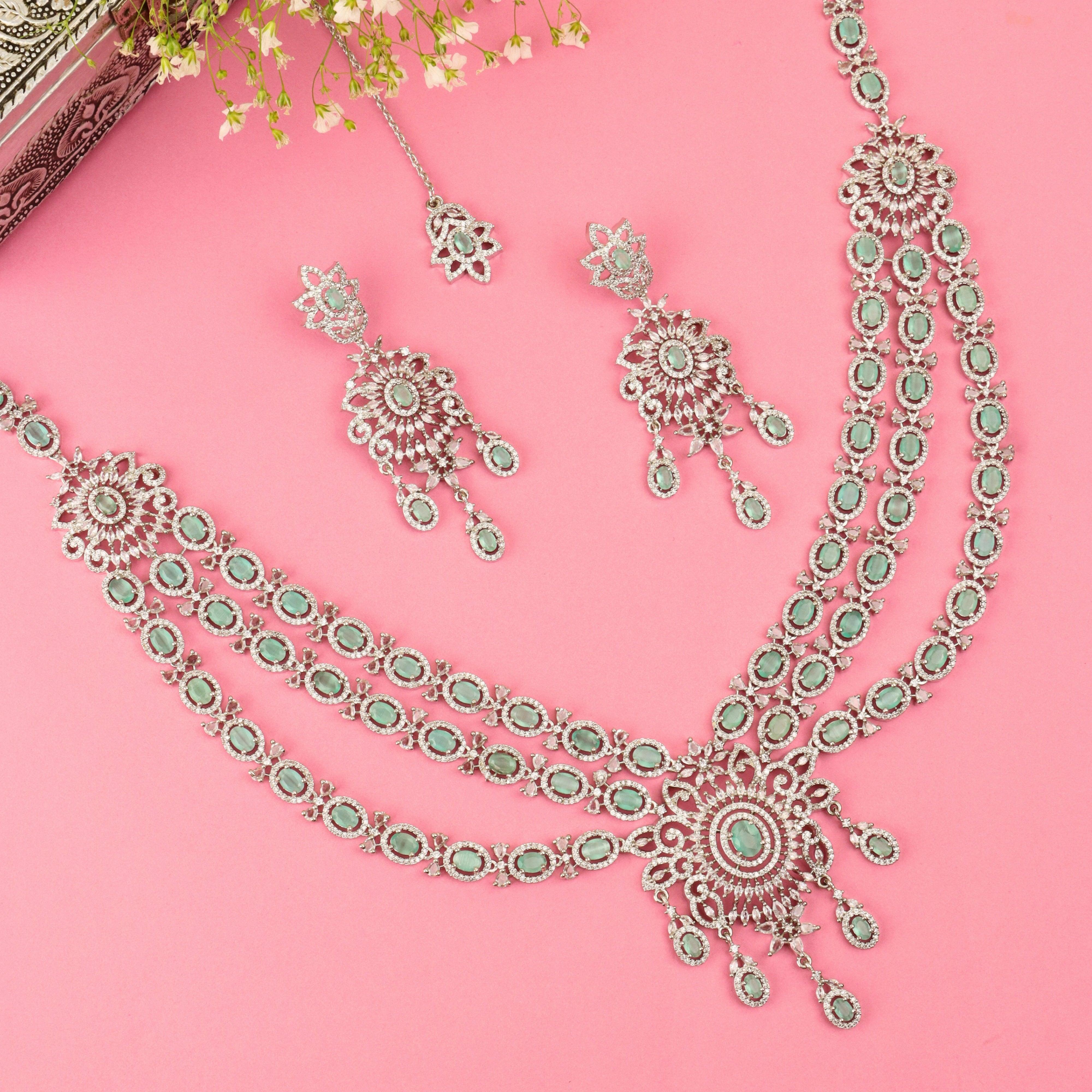 Layered American Diamond With Mint Color Stone With Earrings And Mangtika - Rukhmani
