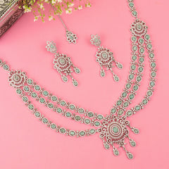 Layered American Diamond With Mint Color Stone With Earrings And Mangtika - Rukhmani