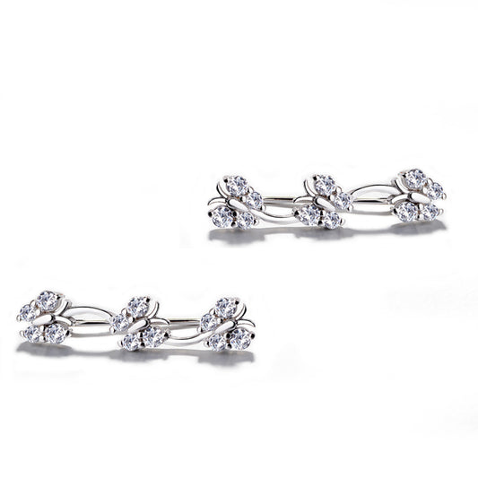 925 Sterling Silver Rhodium Plated Dainty Floral Ear Cuffs with Cubic Zirconia