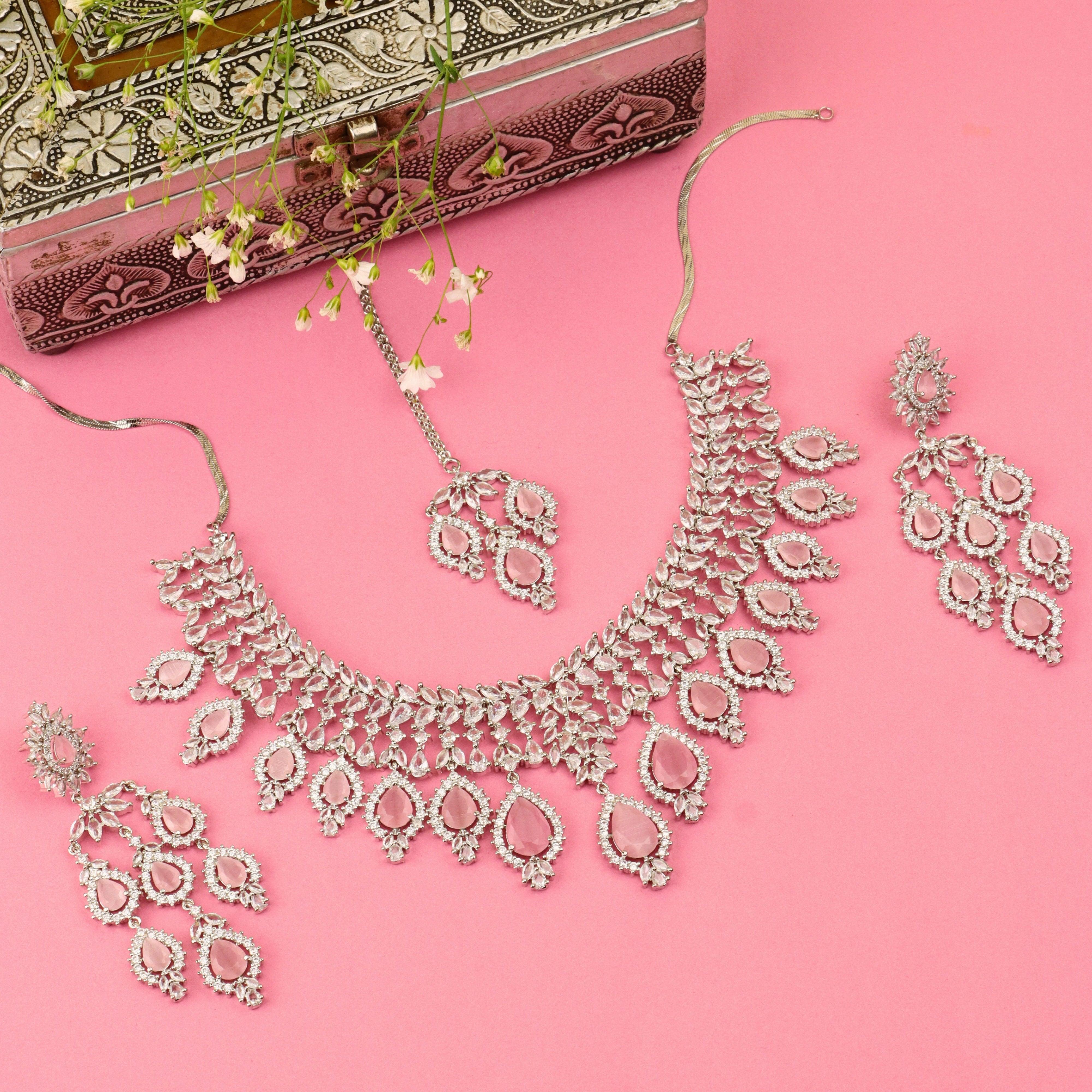 Pastel Pink American Diamond Necklace With Earrings And Bindi - Rukhmani